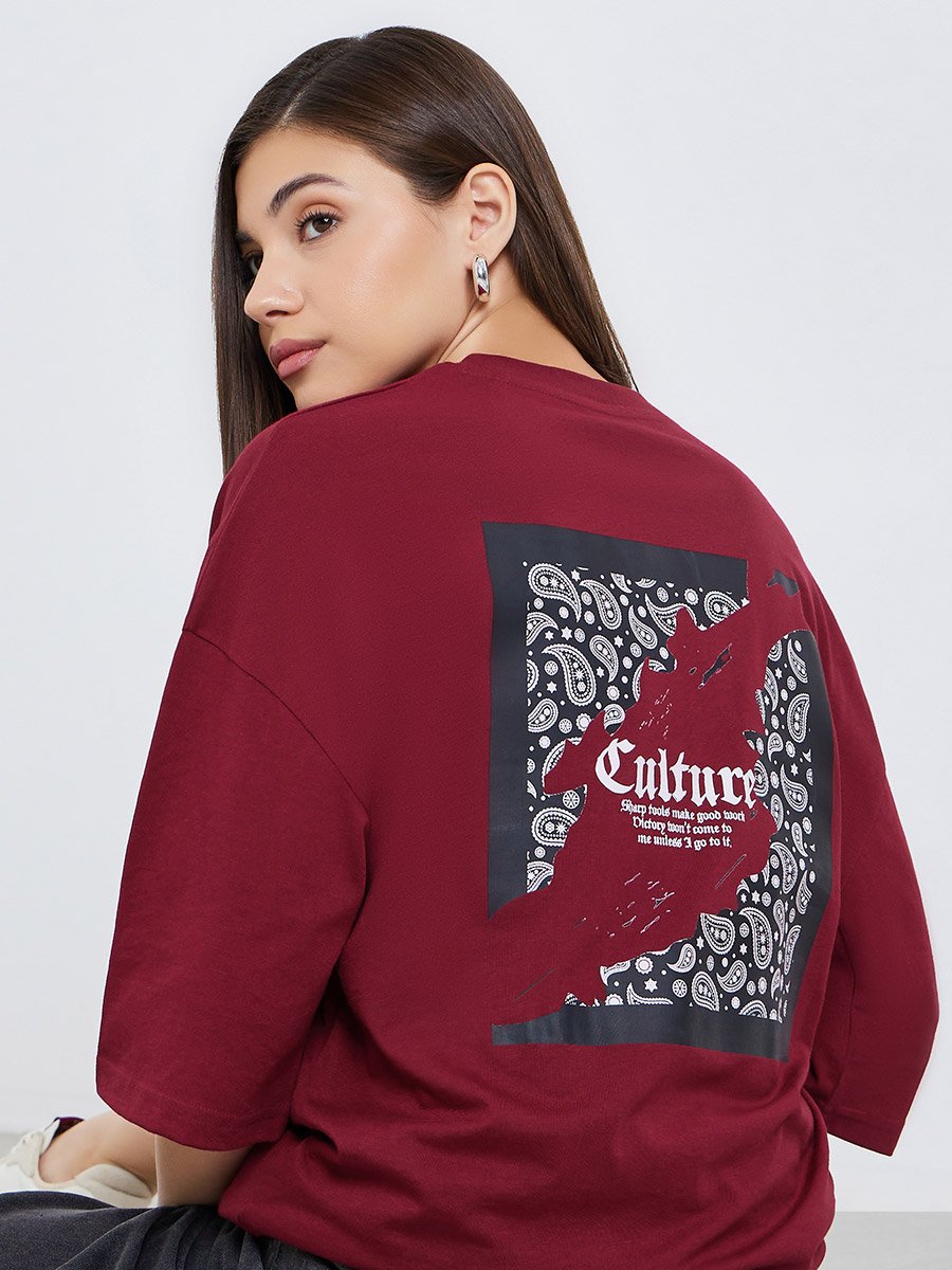 Women Burgundy Graphic Print Oversized T-Shirt