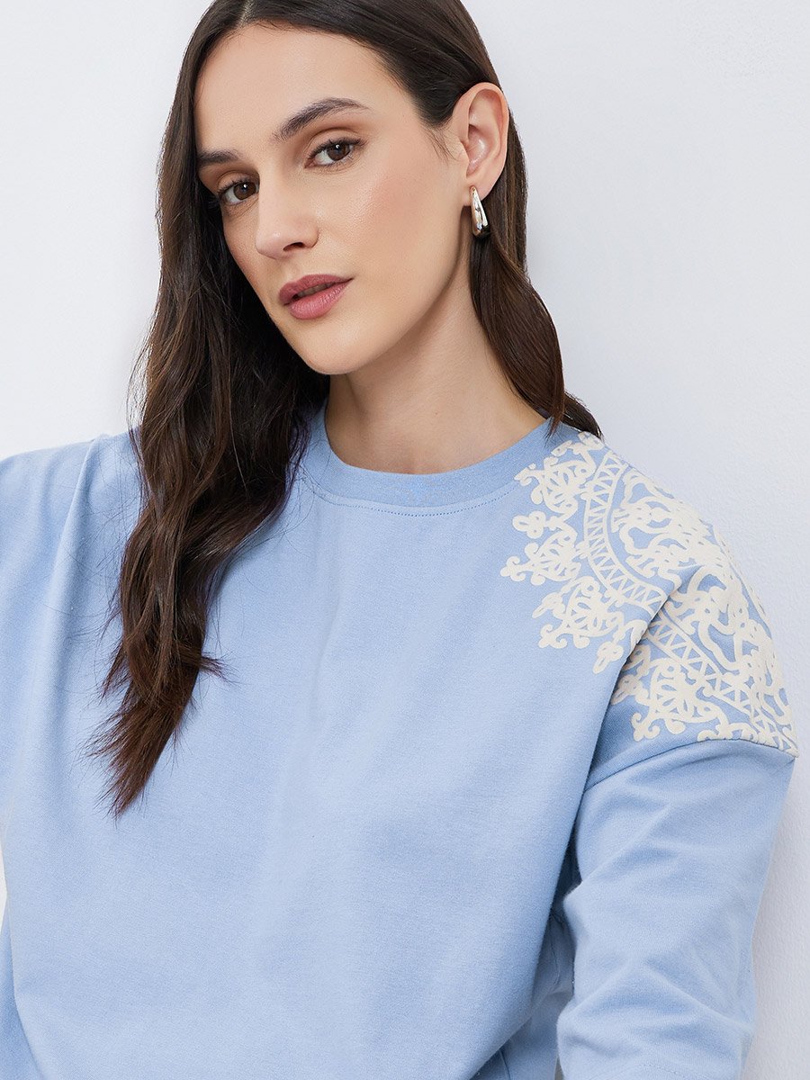 Women Light Blue Placement Flocked Oversized T-Shirt