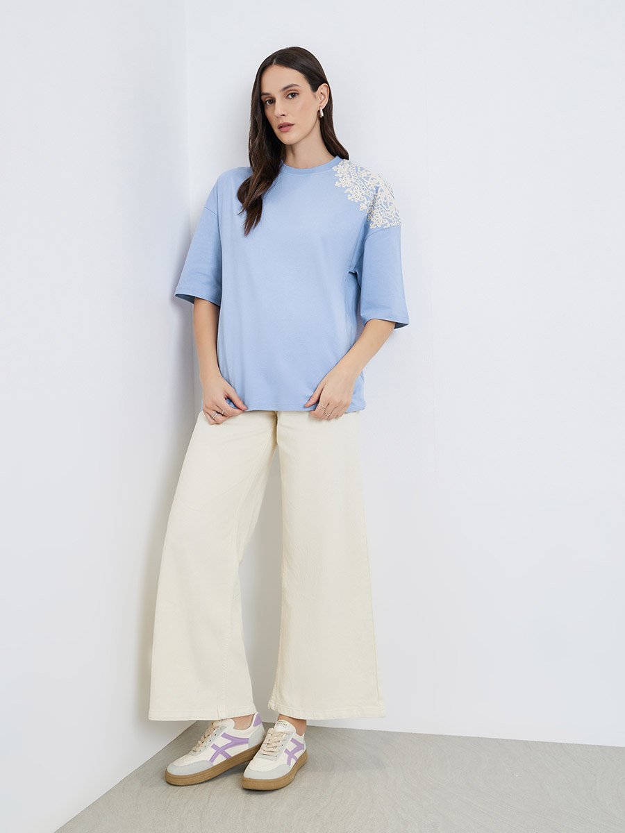 Women Light Blue Placement Flocked Oversized T-Shirt