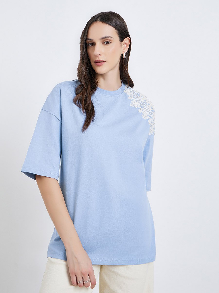 Women Light Blue Placement Flocked Oversized T-Shirt