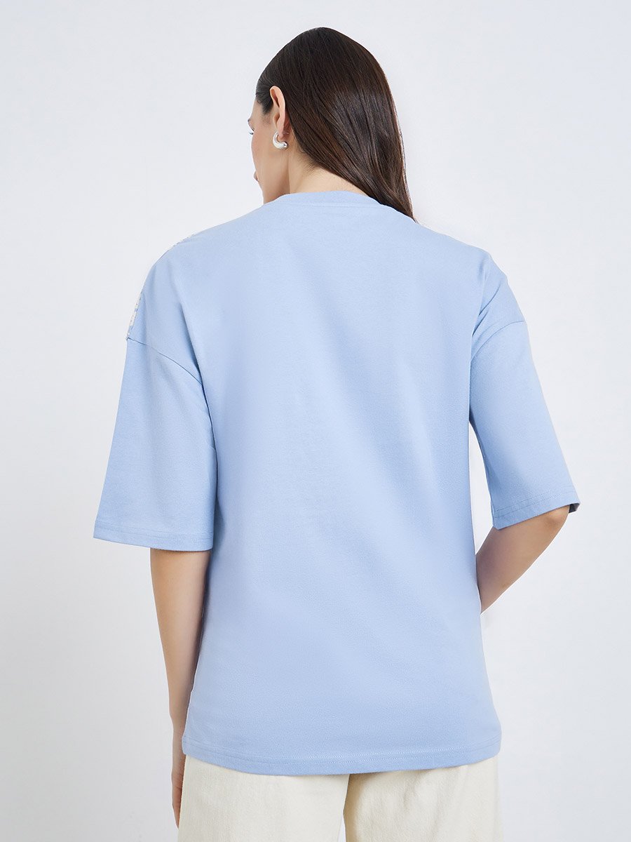 Women Light Blue Placement Flocked Oversized T-Shirt