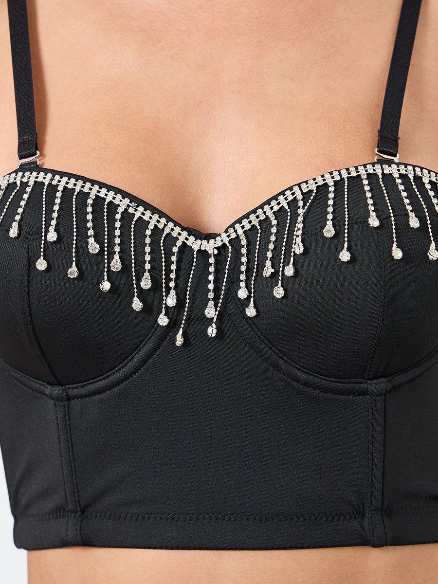 Solid Shimmering Shoulder Straps Rhinestone Tassel Detail Wired Bra
