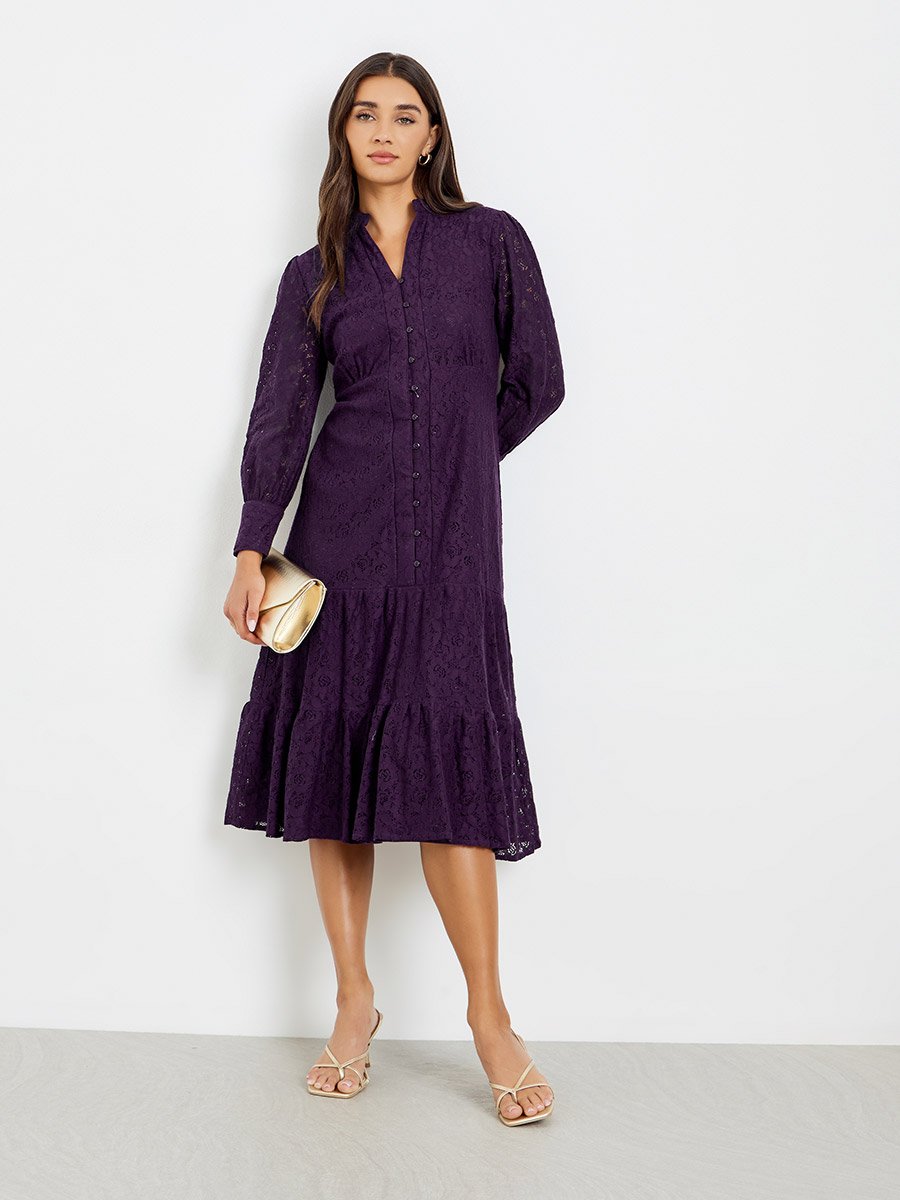 Women Purple Lace Long Sleeves Shirt Midi Dress