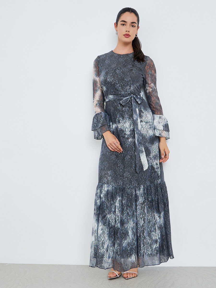 Women Black Lace Ruffled Hem Maxi Dress
