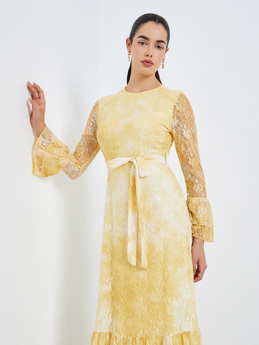 Women Yellow Lace Ruffled Hem Maxi Dress For Women at UAE | Styli
