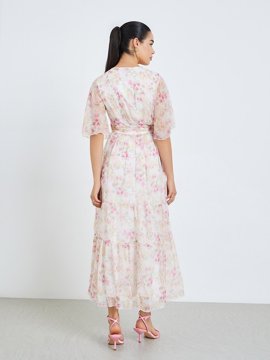 sachin and babi light blue dress Mac Duggal Floral Chiffon Ruffle Tiered Midi Dress - White Multi main image 0