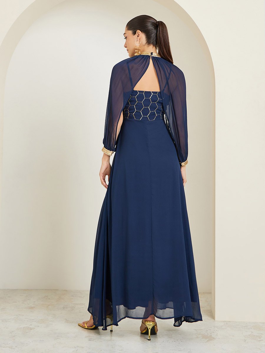 Blue Embellished Sequin Maxi Dress with Removable Cape