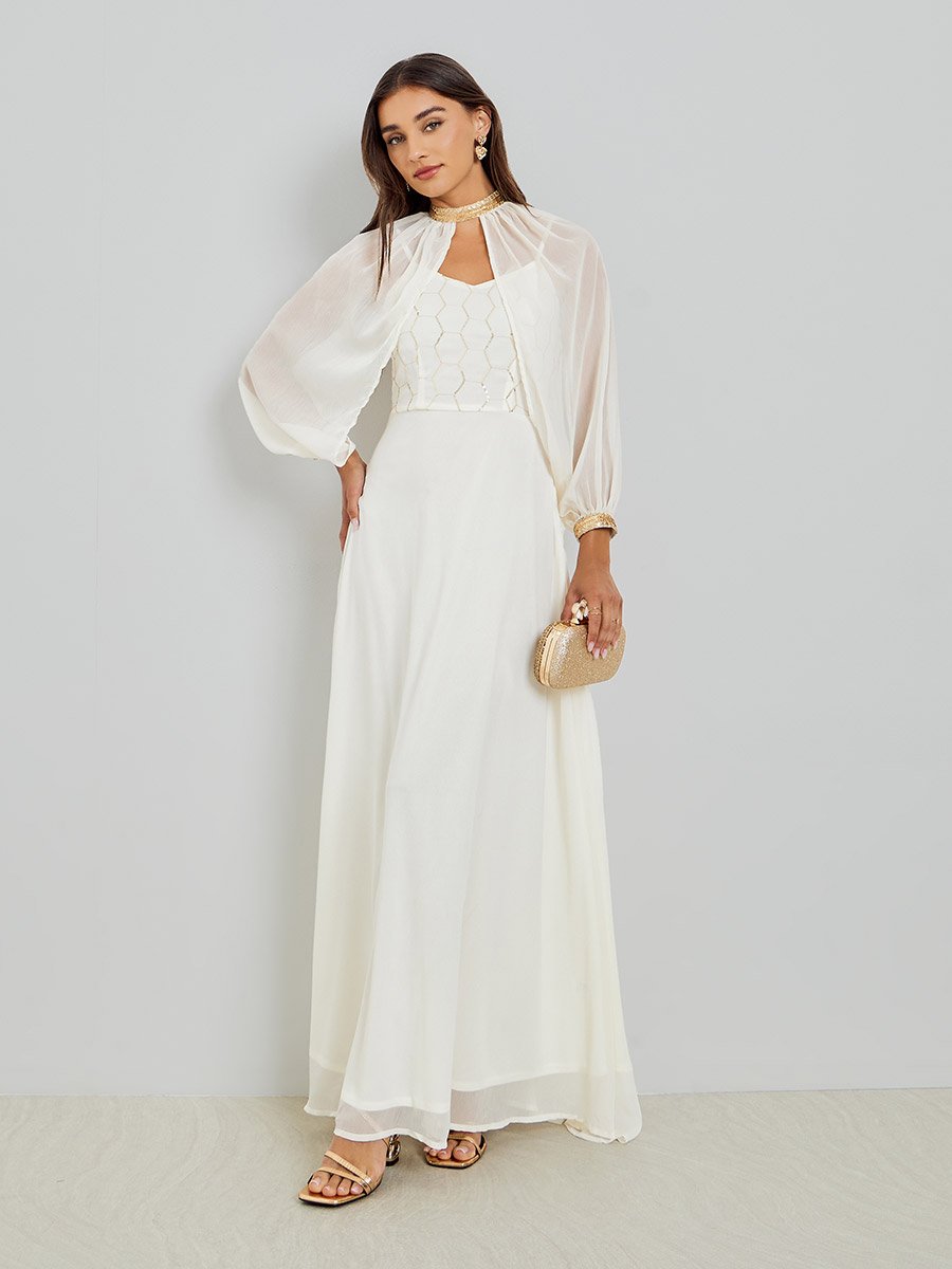 Off White Sequin Maxi Dress with Removable Cape For Default Category at  Kuwait | Styli