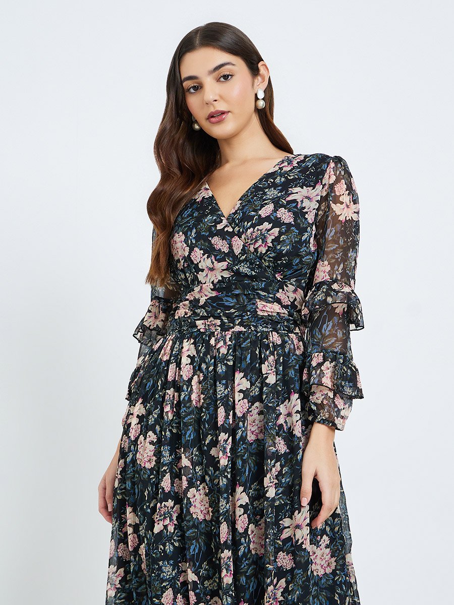 Women Floral Maxi Dress with Long Sleeves