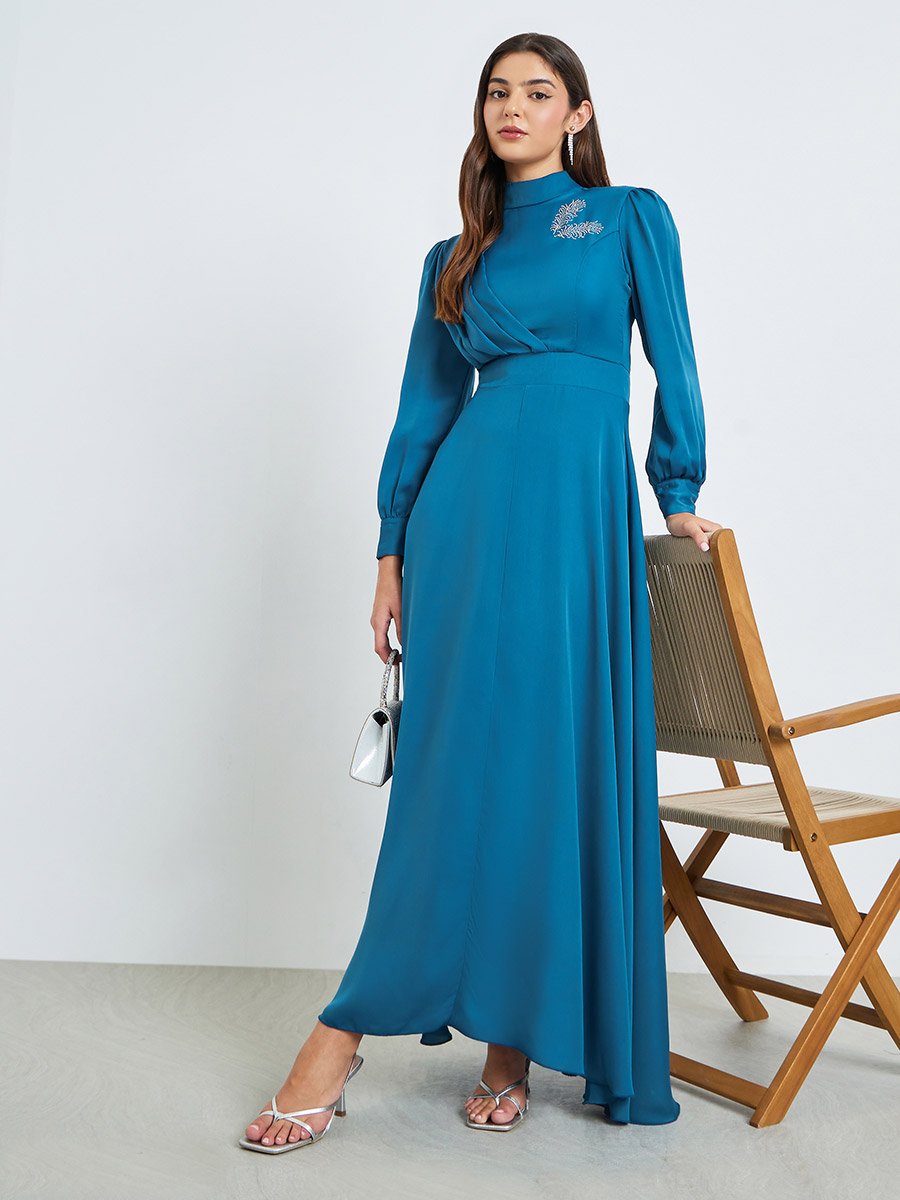 Teal Embellished Cuff Sleeves Maxi Dress