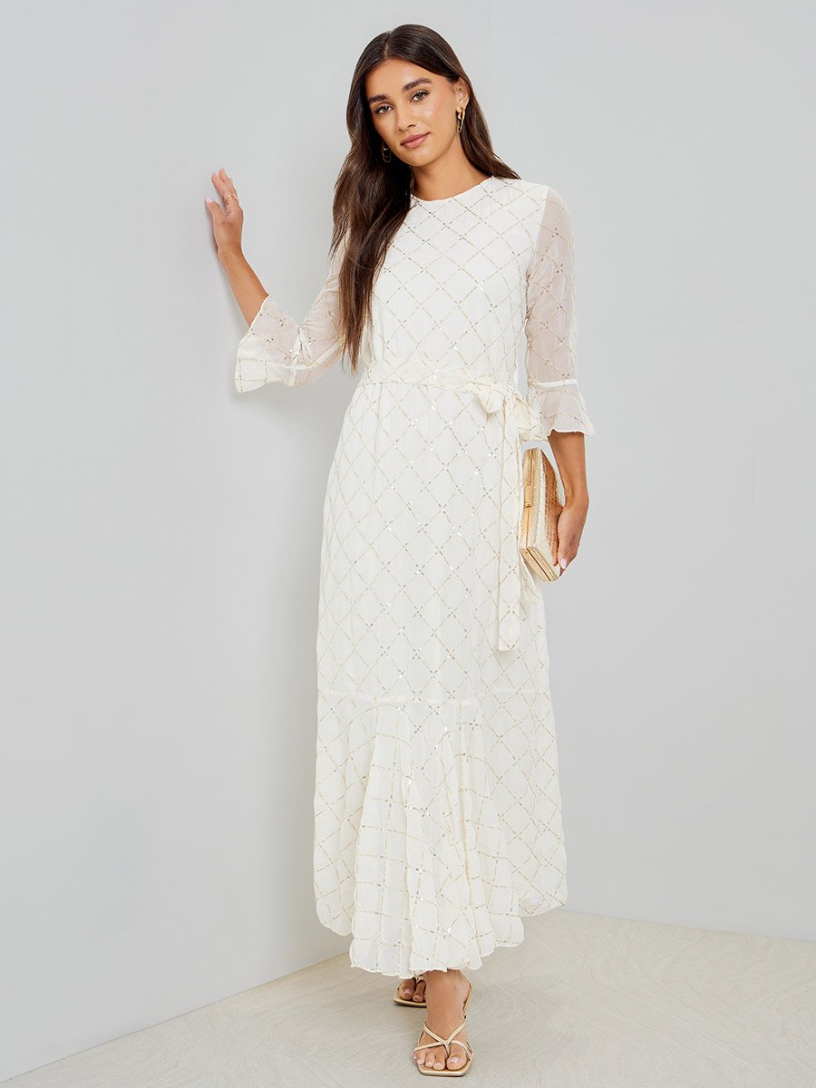 Off White Sequin Maxi Dress with 3/4 Sleeves For Default Category at Kuwait | Styli Off White Sequin Maxi Dress with 3/4 Sleeves For Default Category at Kuwait | Styli