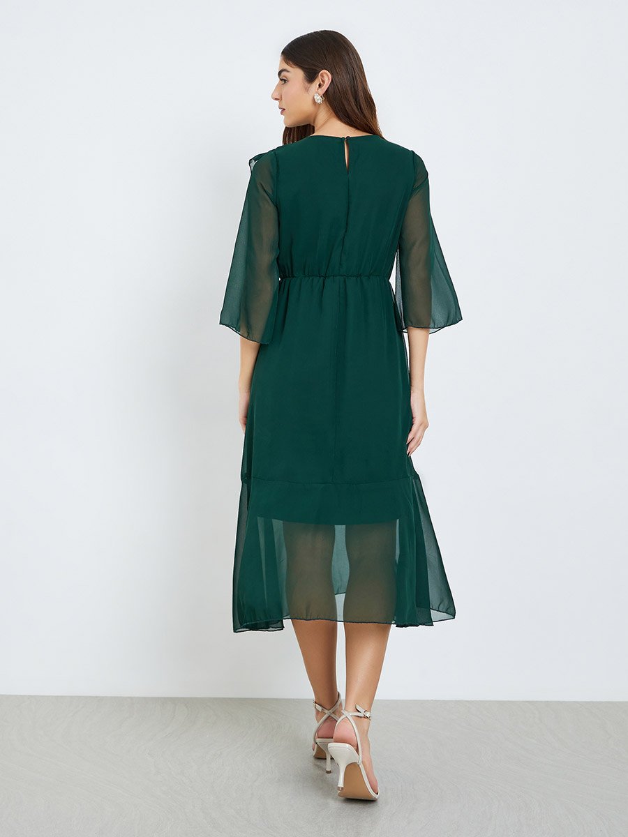 Green A-Line Midi Dress with Ruffle Detail For Default Category at Kuwait |  Styli