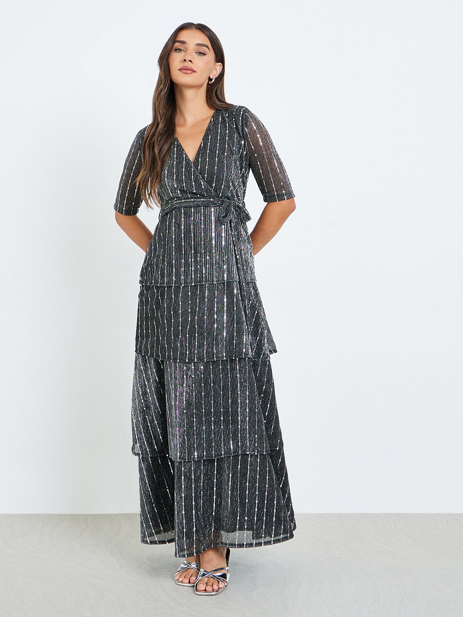 Women Black Sequin Tiered Maxi Dress