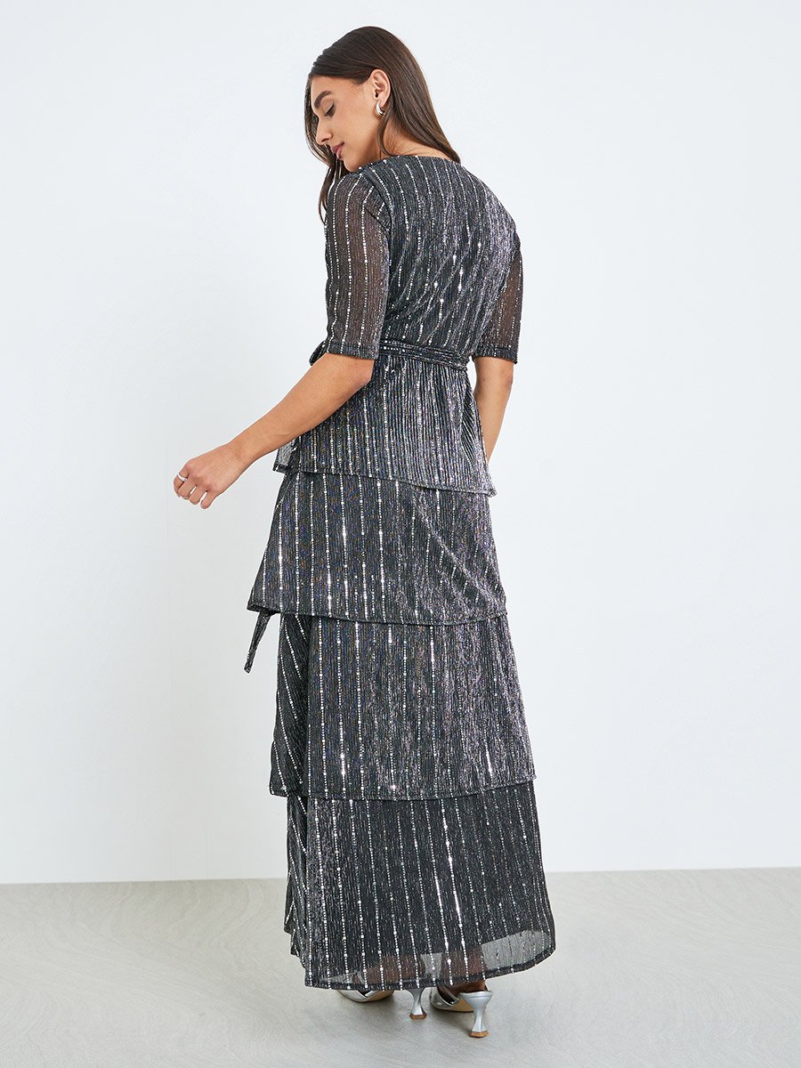 Women Black Sequin Tiered Maxi Dress