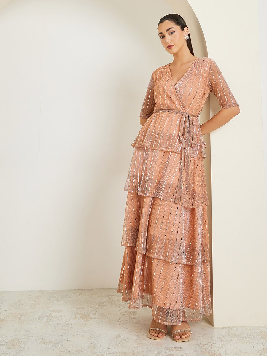 Golden Sequin V-Neck Tiered Maxi Dress