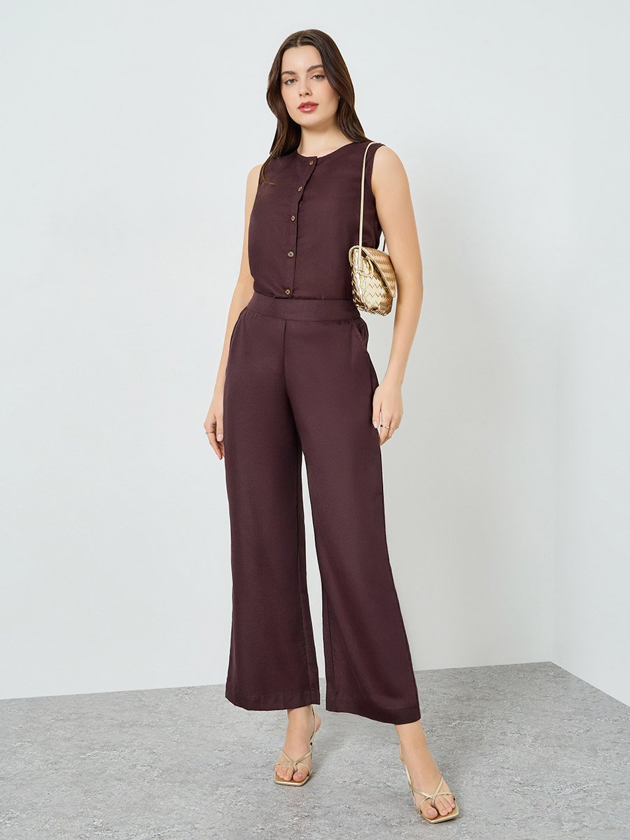 Women Brown Linen Blend Wide Leg Trousers