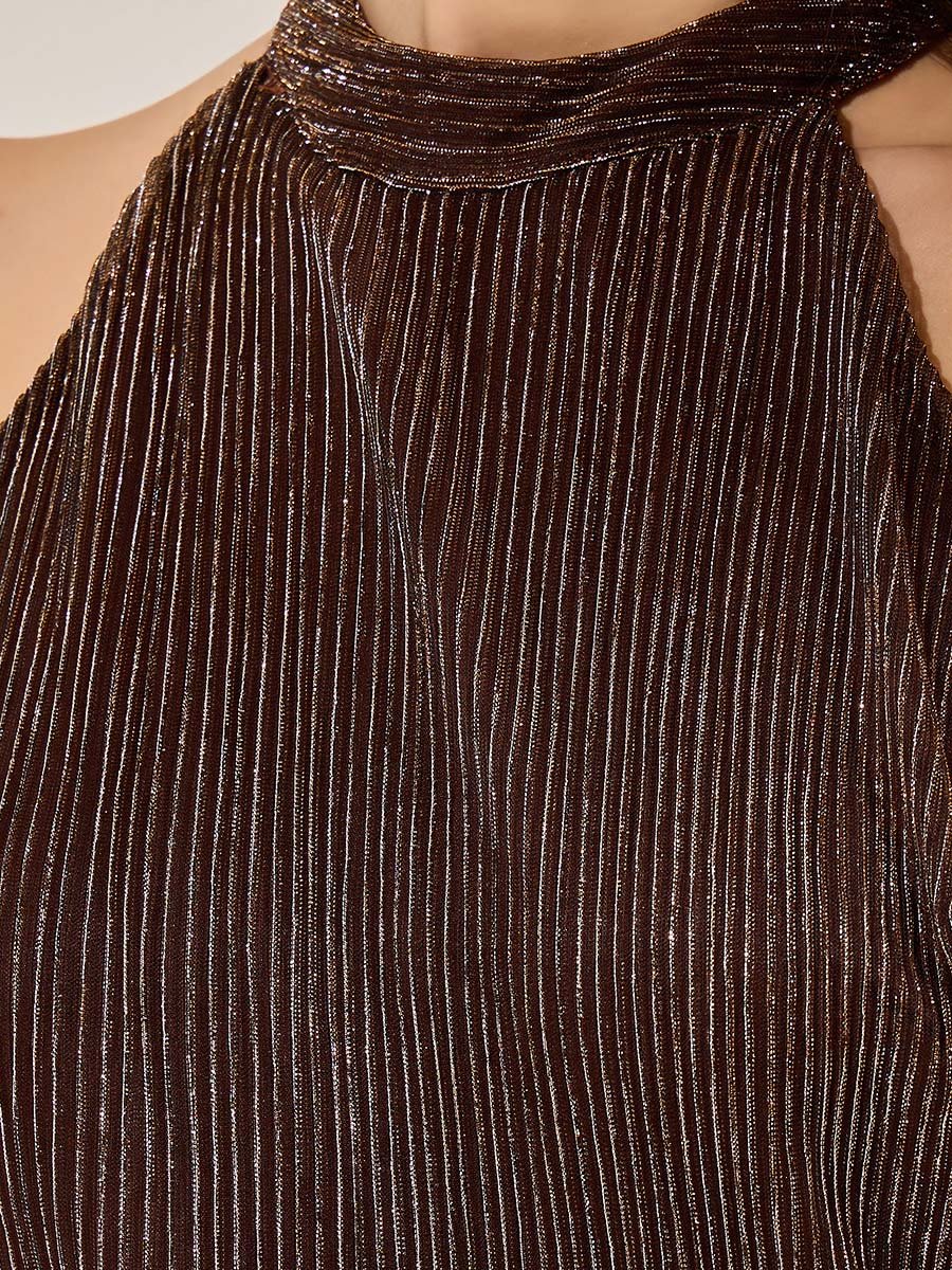 Brown Shimmer Sleeveless Tiered Midi Dress