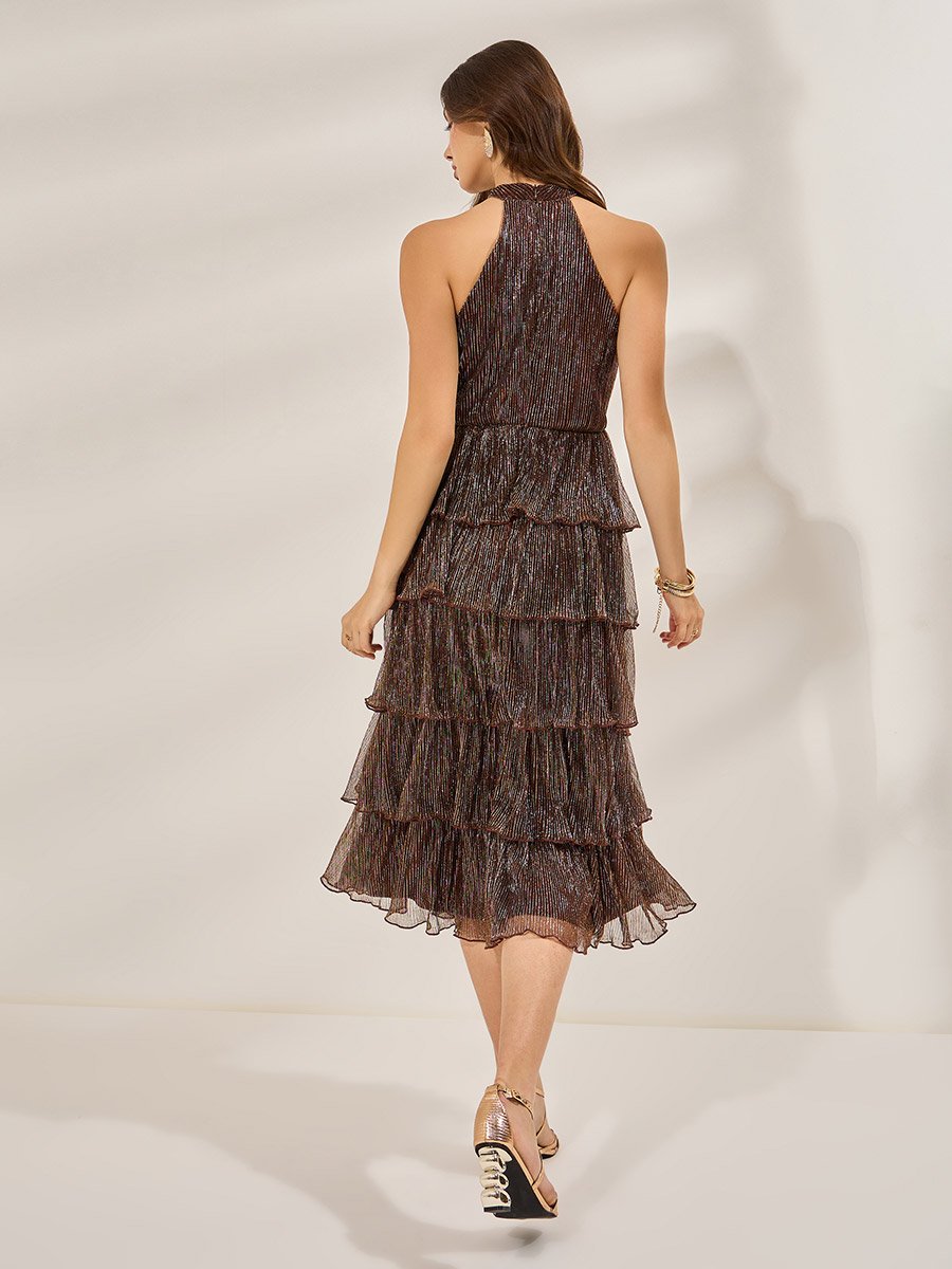 Brown Shimmer Sleeveless Tiered Midi Dress
