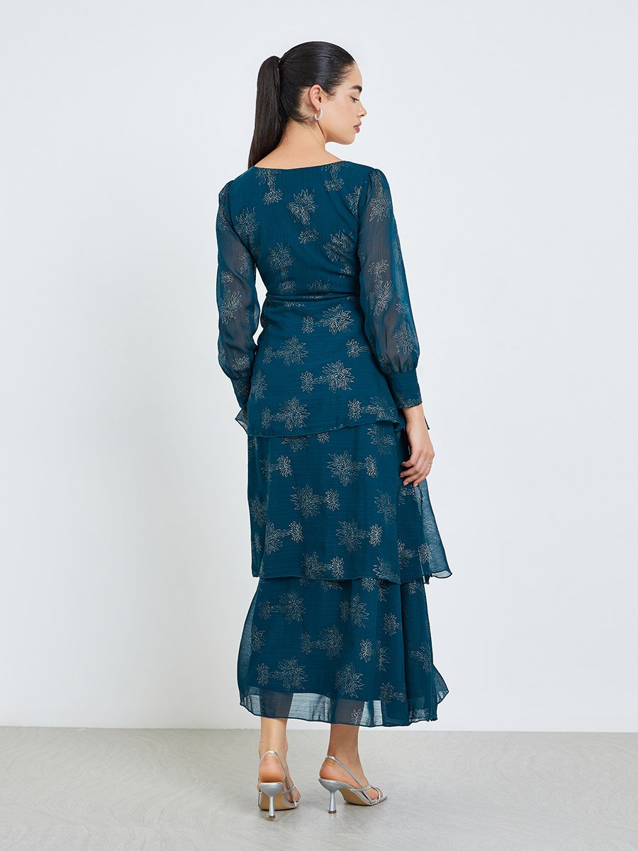 floral dobby cut out ruffle maxi dress Floral Dobby Ruffle Detail Midaxi Dress