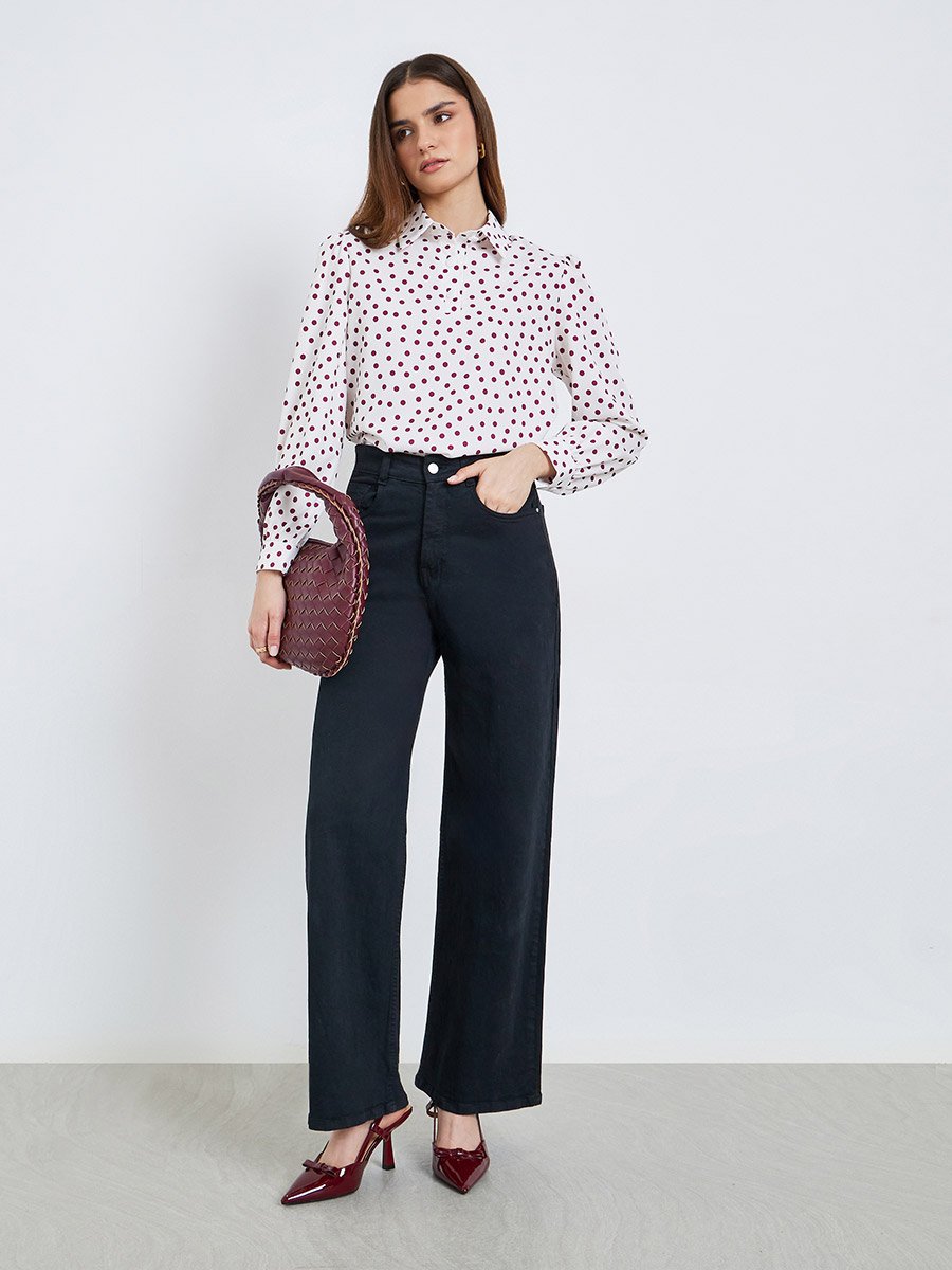 Women Off-White Polka Dot Long Sleeve Shirt