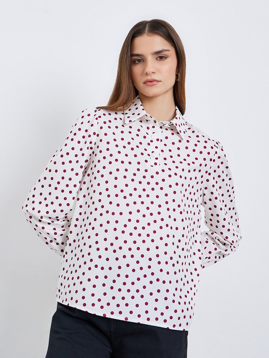 Women Off-White Polka Dot Long Sleeve Shirt