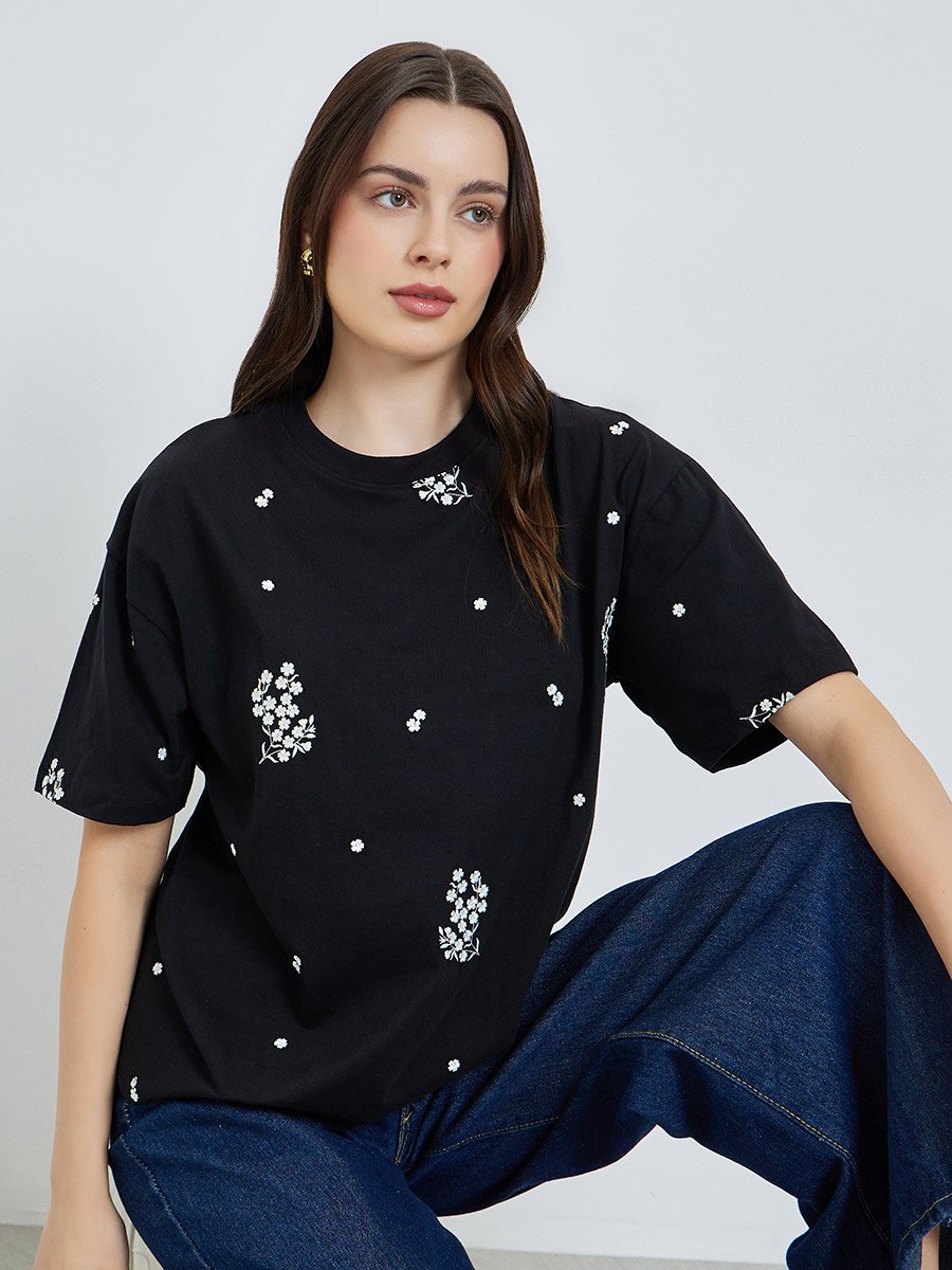 Women Black Embroidered Floral Oversized T-Shirt