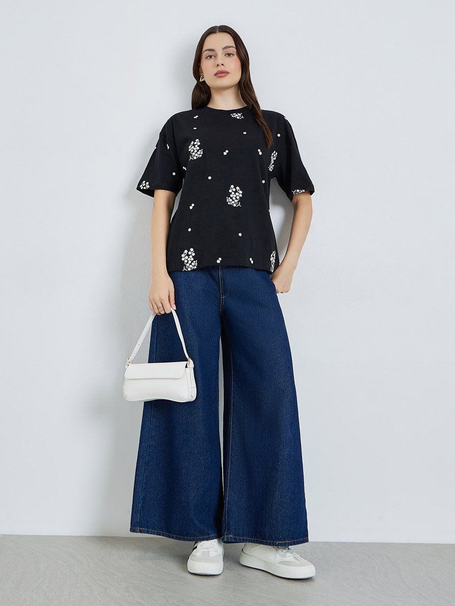 Women Black Embroidered Floral Oversized T-Shirt