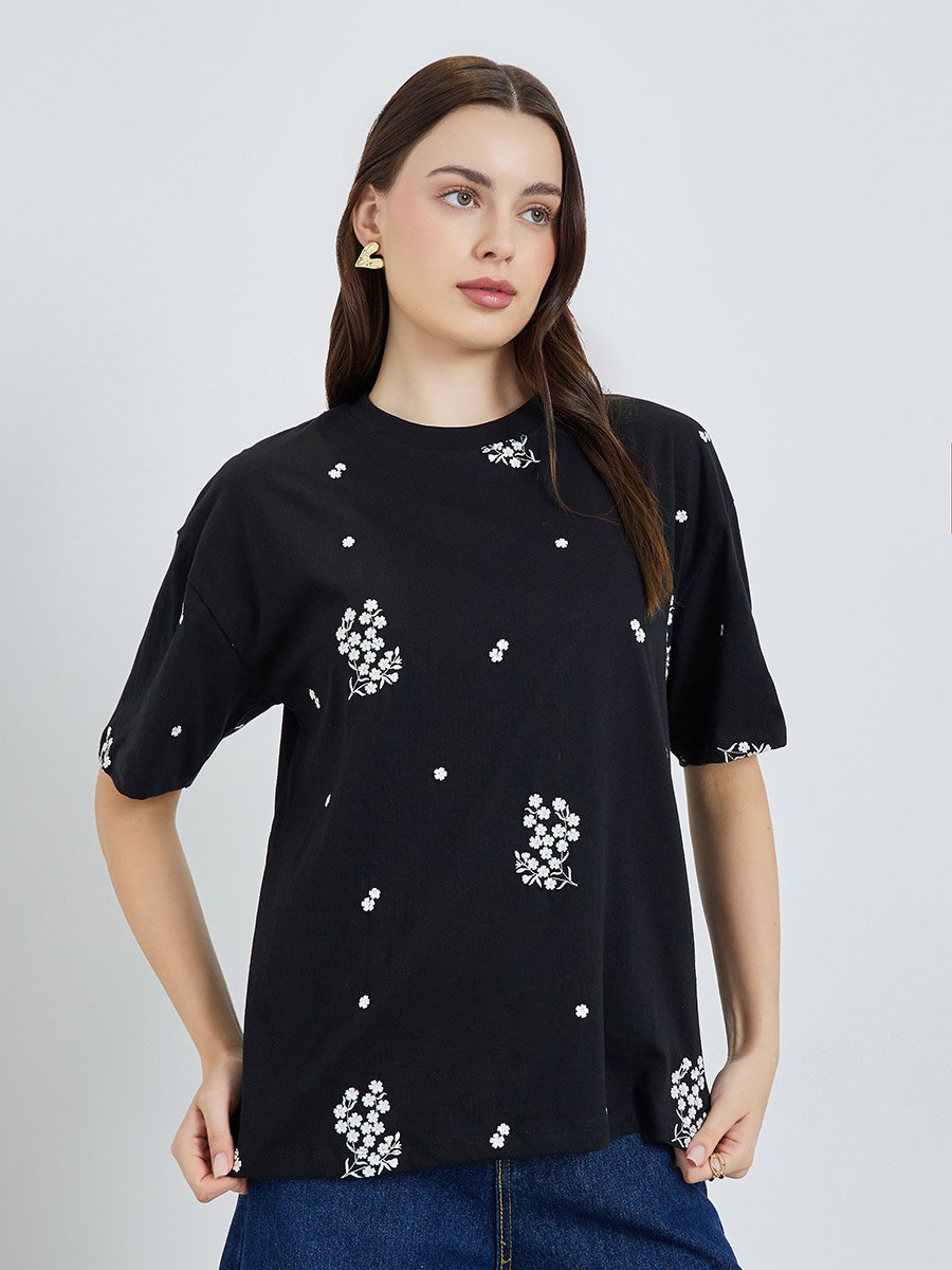 Women Black Embroidered Floral Oversized T-Shirt