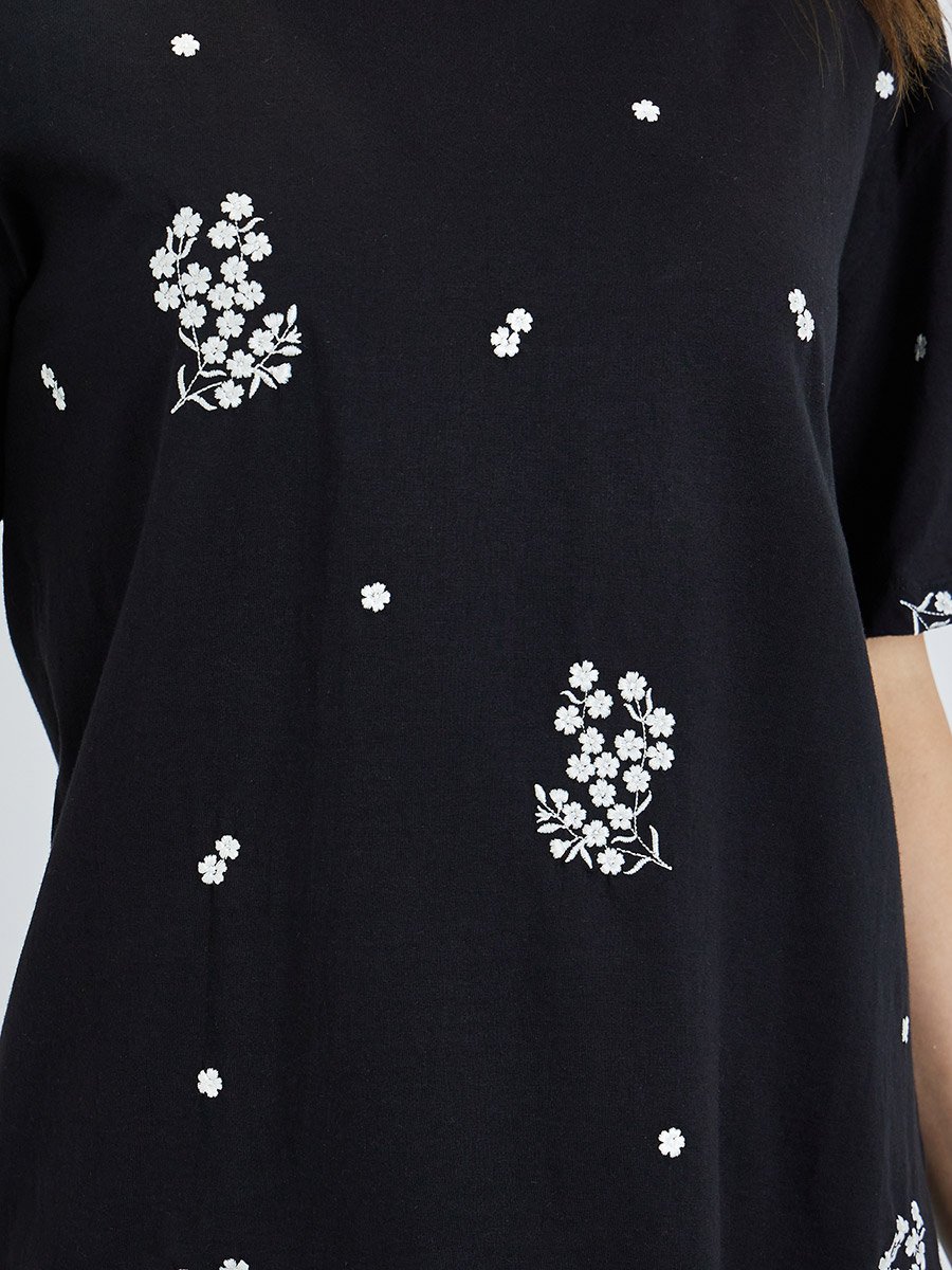 Women Black Embroidered Floral Oversized T-Shirt