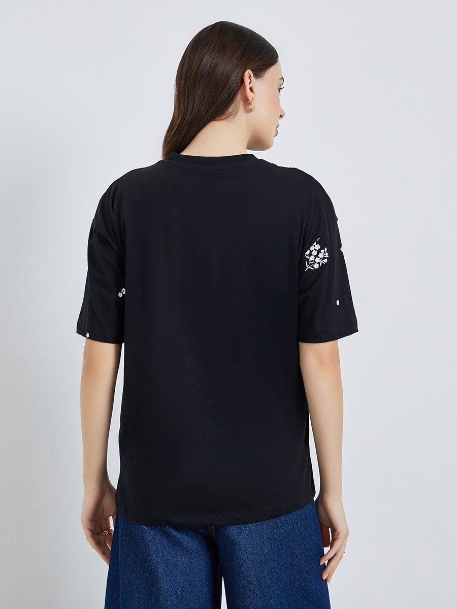 Women Black Embroidered Floral Oversized T-Shirt