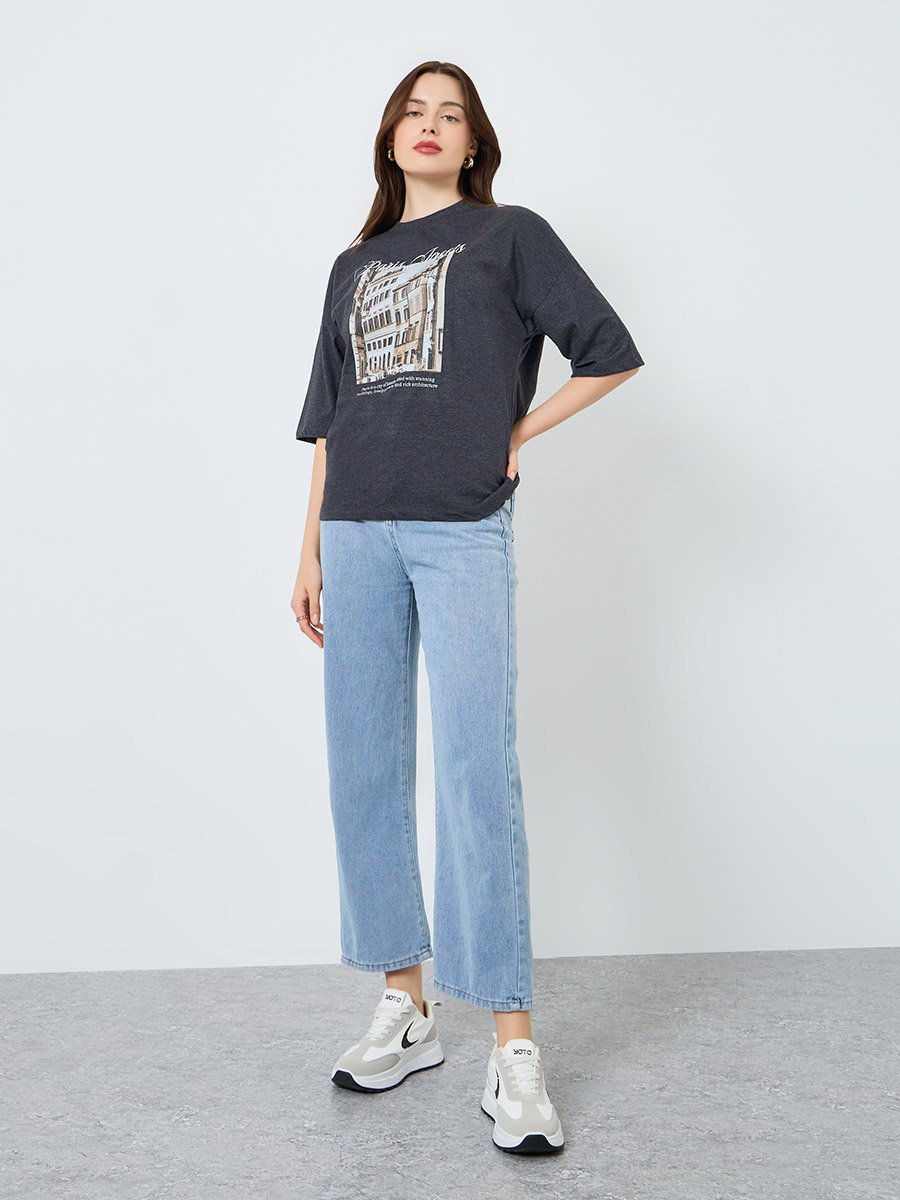 Women Charcoal Paris Graphic Oversized T-Shirt