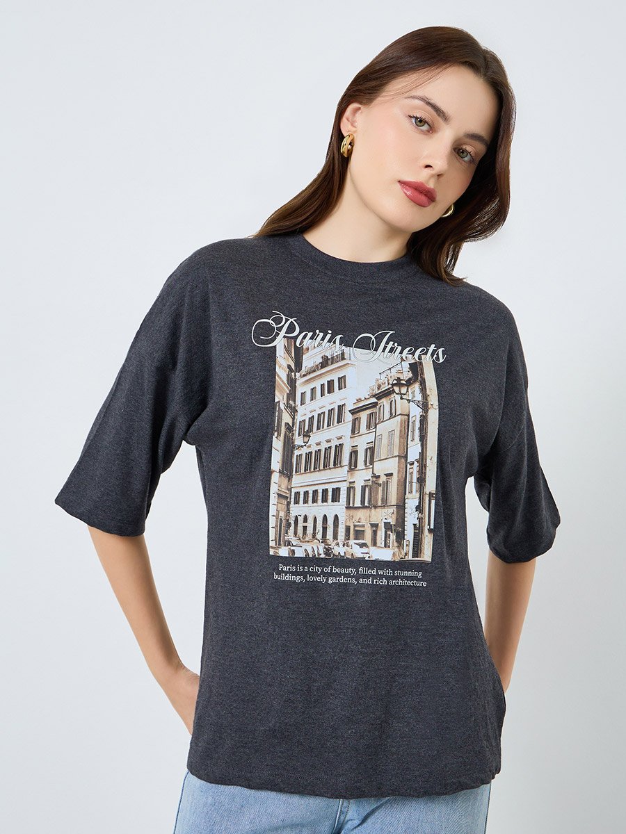 Women Charcoal Paris Graphic Oversized T-Shirt
