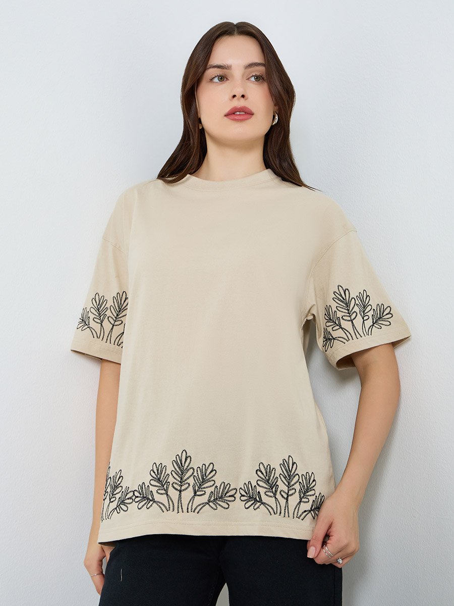 Women Beige Embroidered Oversized T-Shirt