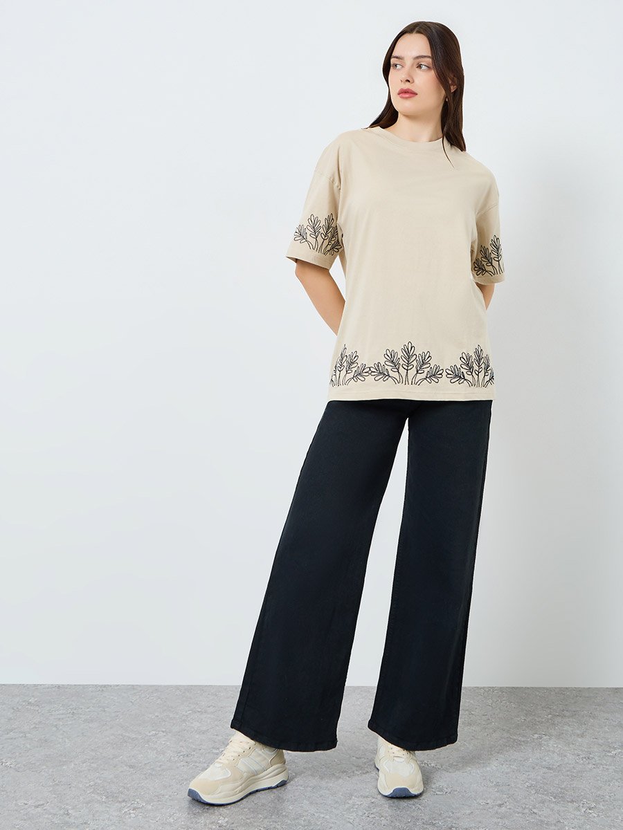 Women Beige Embroidered Oversized T-Shirt