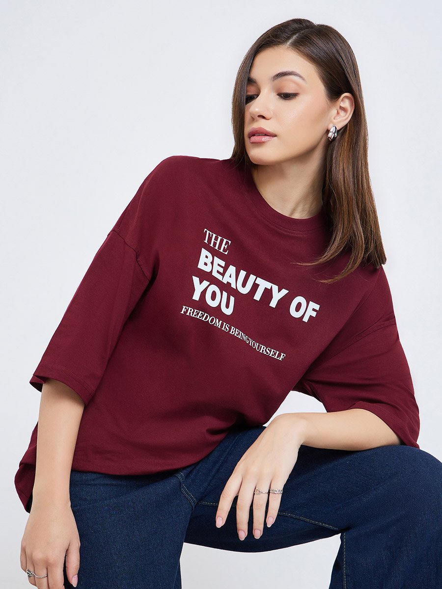 Women Burgundy Slogan Oversized T-Shirt