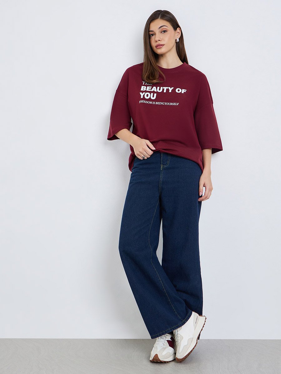 Women Burgundy Slogan Oversized T-Shirt