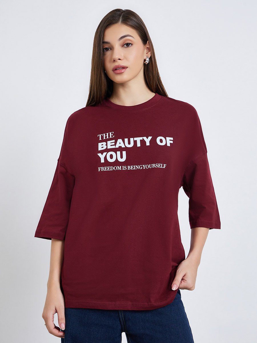 Women Burgundy Slogan Oversized T-Shirt