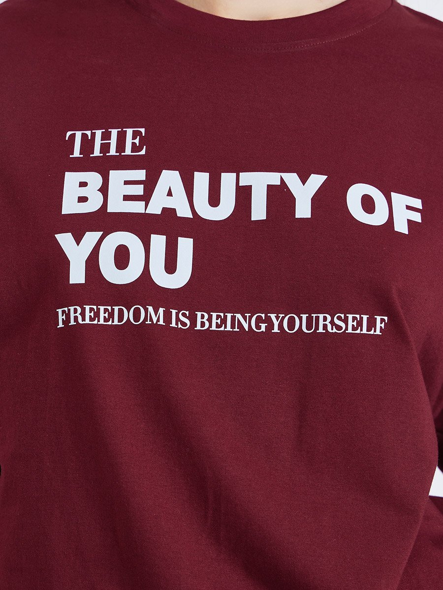 Women Burgundy Slogan Oversized T-Shirt