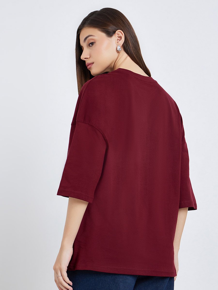 Women Burgundy Slogan Oversized T-Shirt