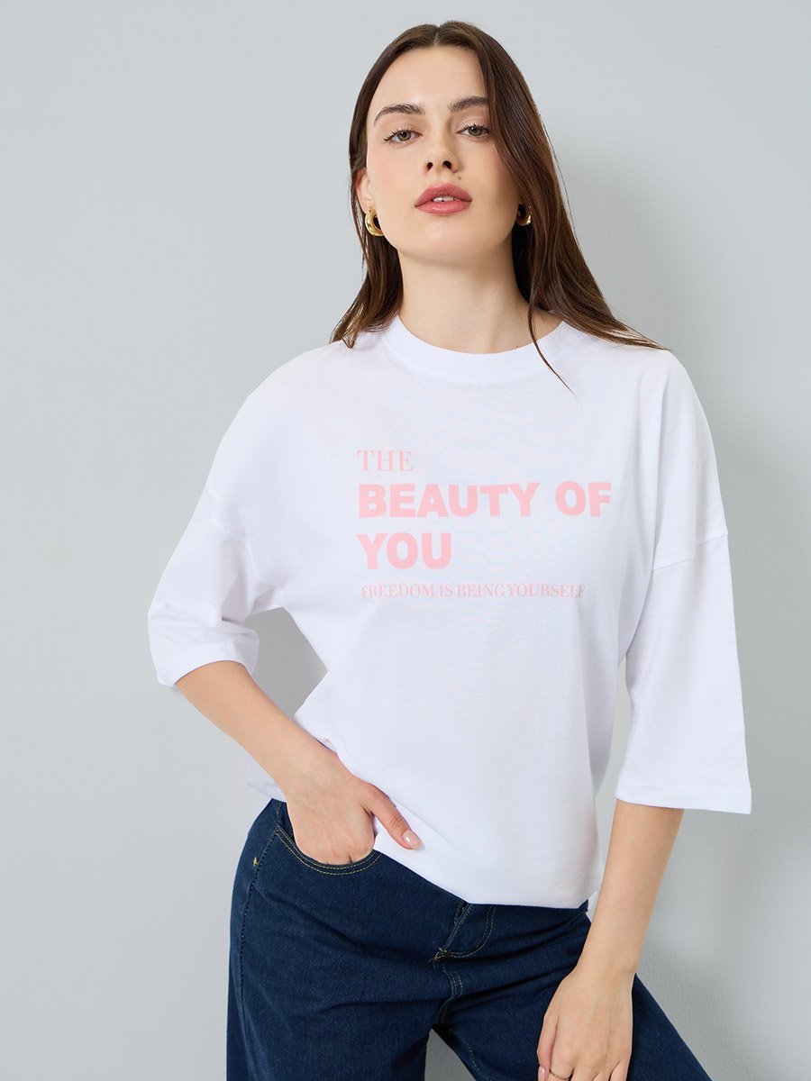 Women White Slogan Print Oversized T-Shirt