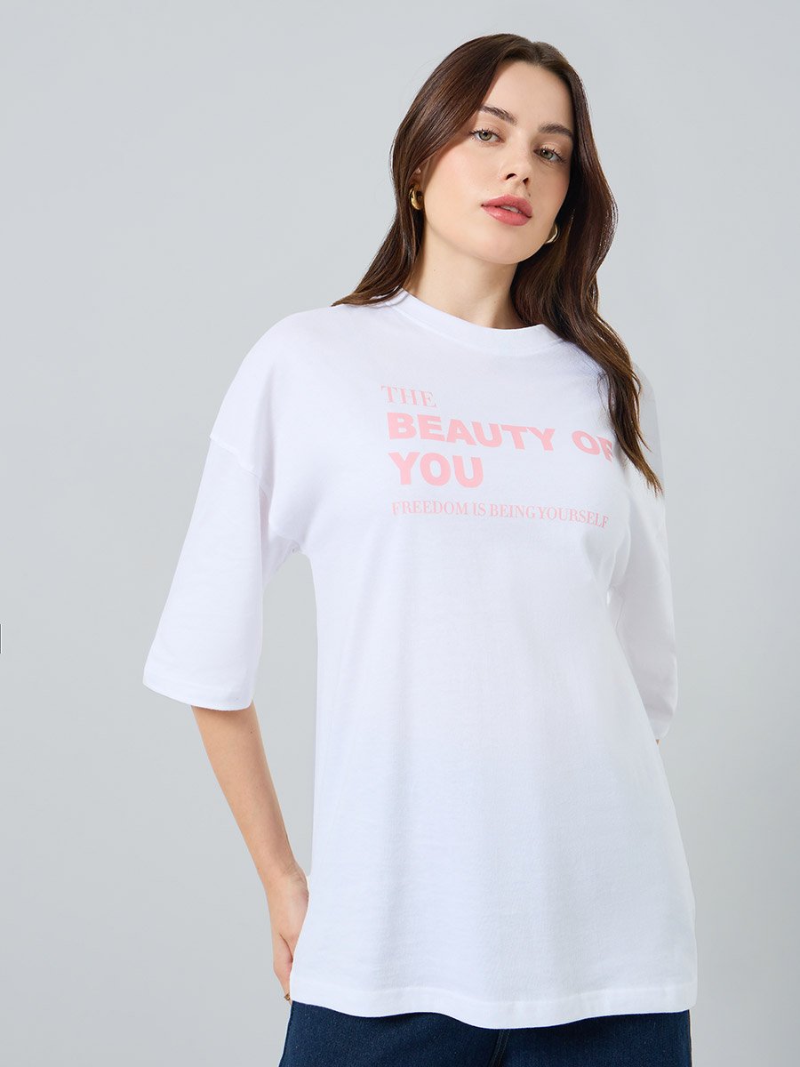 Women White Slogan Print Oversized T-Shirt