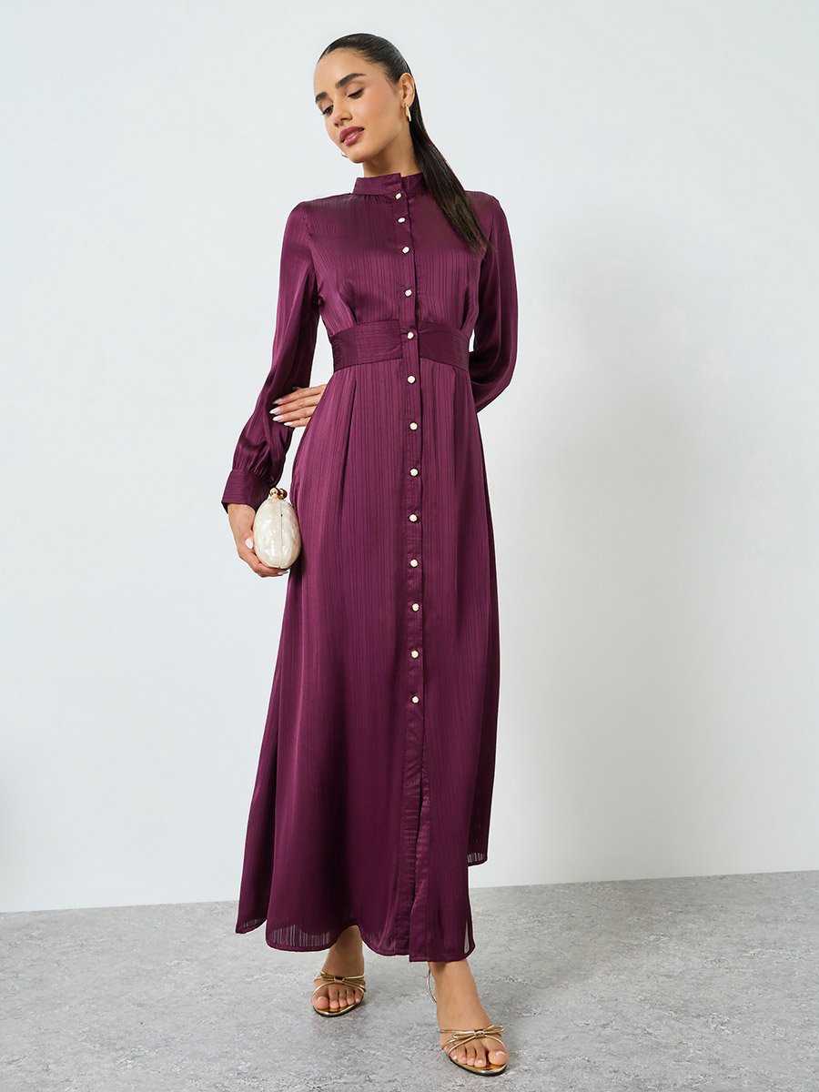 Magenta Long Sleeves Shirt Maxi Dress For Women at UAE | Styli