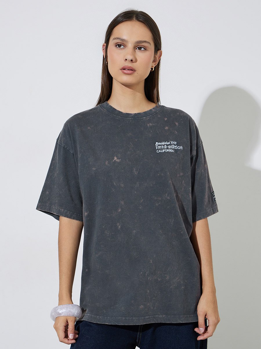 Grey Acid Wash Oversized T-Shirt with Embroidery