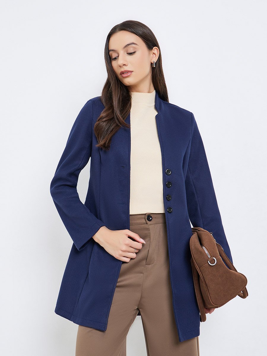 Women Navy Blue Fitted Long Sleeve Jacket