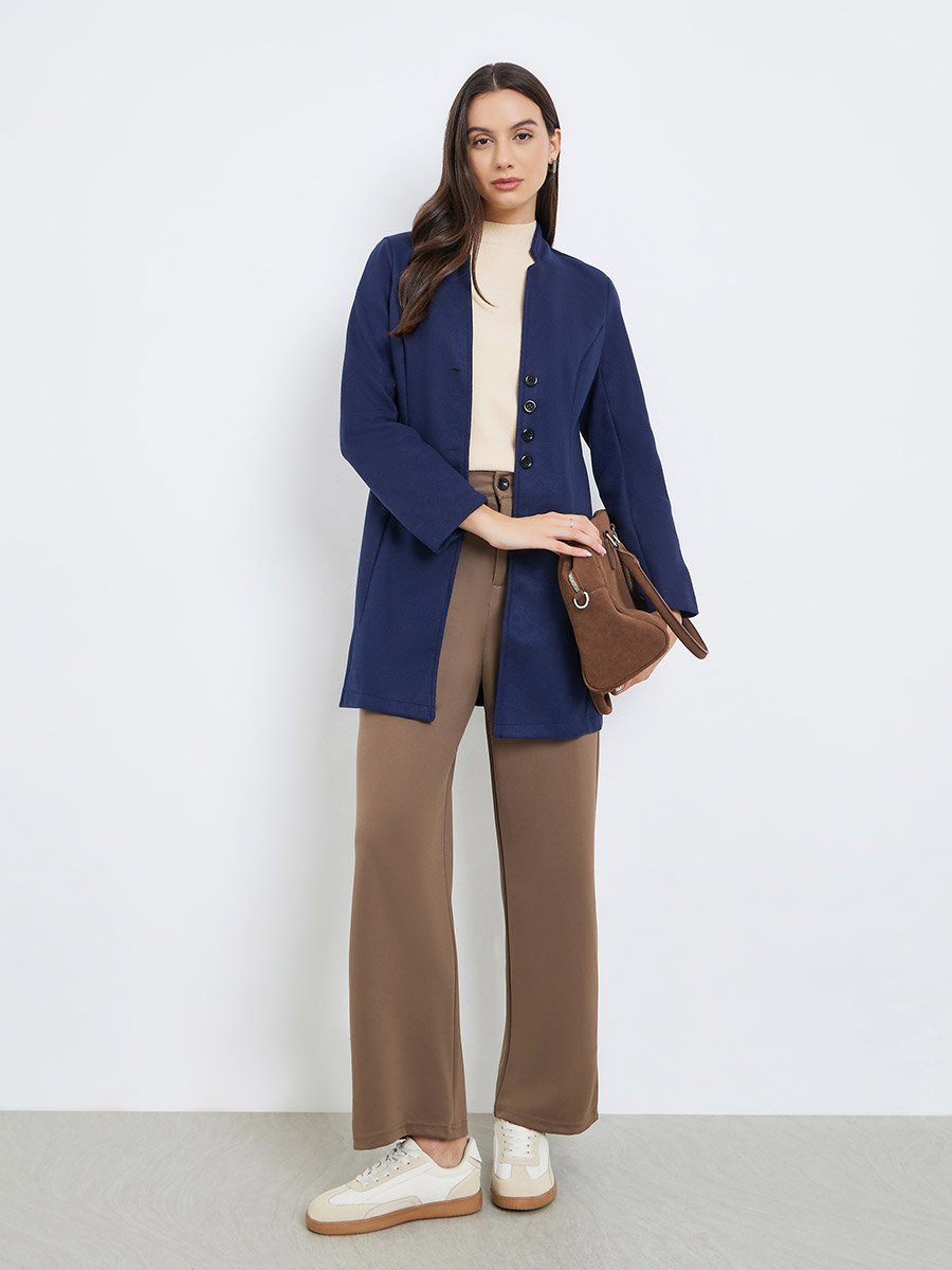 Women Navy Blue Fitted Long Sleeve Jacket