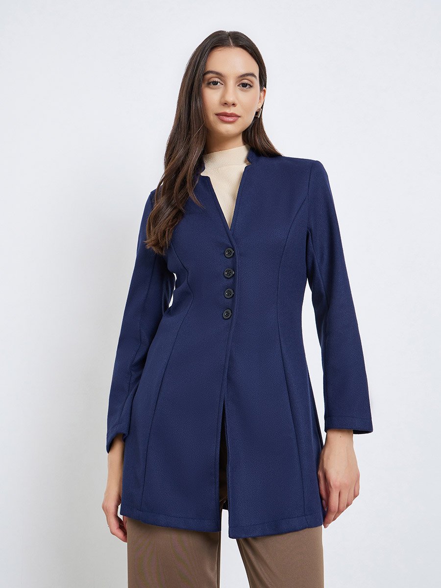 Women Navy Blue Fitted Long Sleeve Jacket