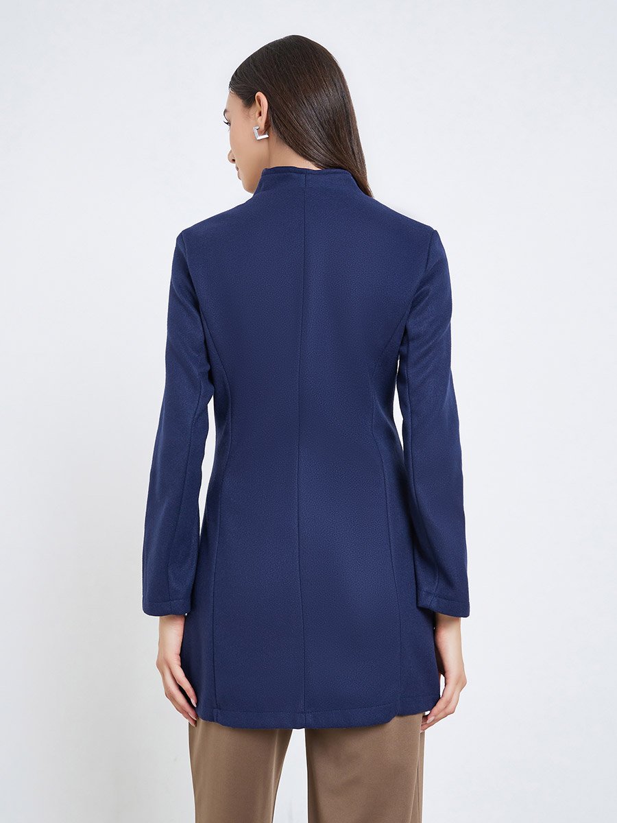 Women Navy Blue Fitted Long Sleeve Jacket