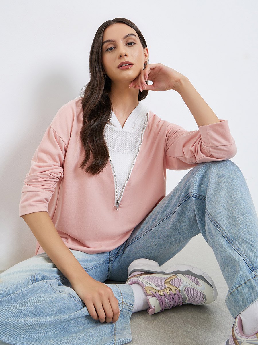 Pink Zip-Up Color Blocked Hoodie