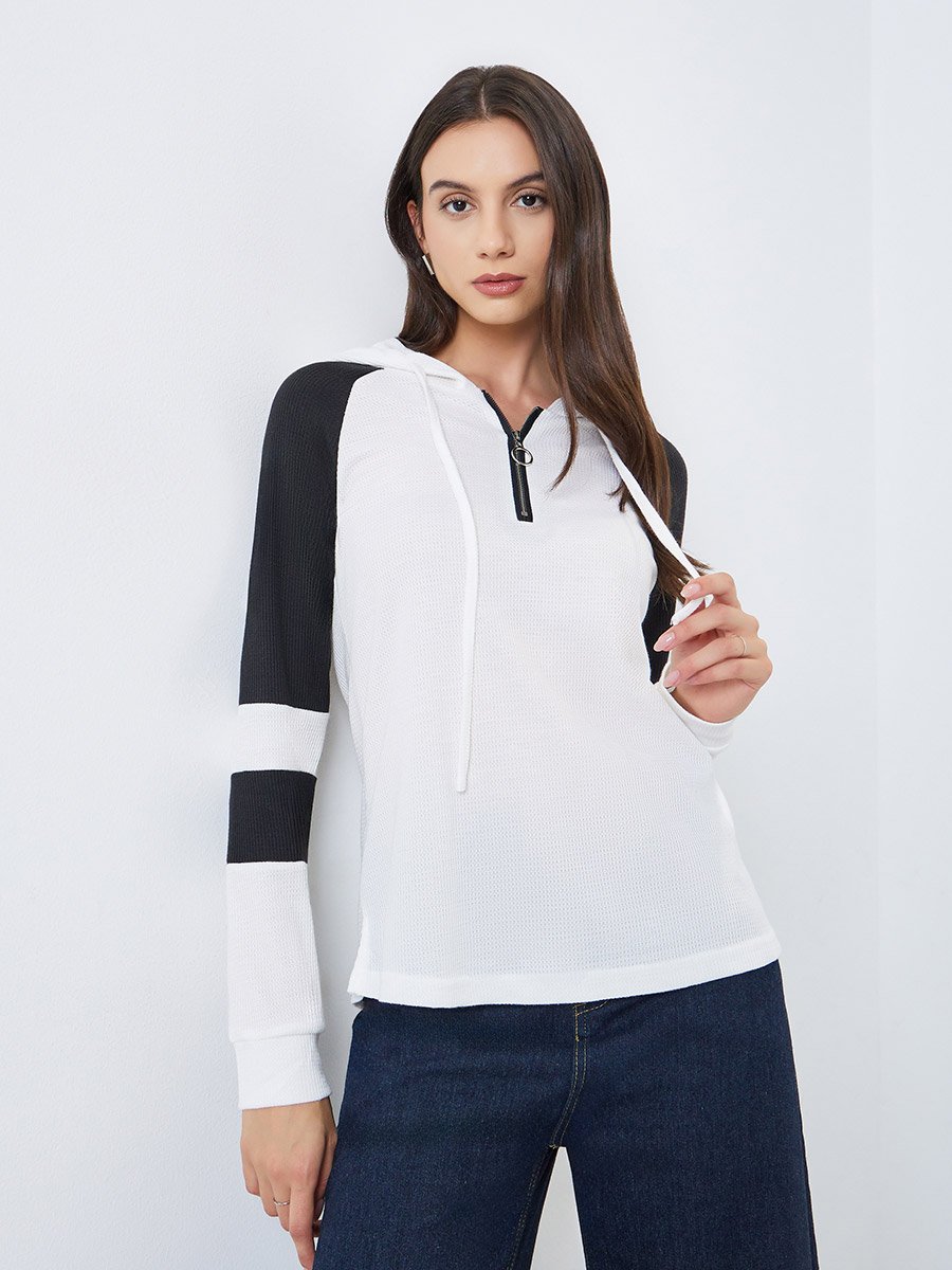 White Color Block Raglan Sleeve Hoodie