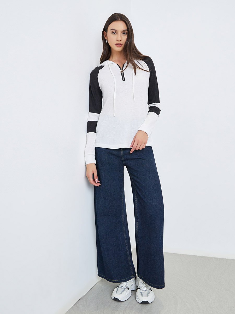 White Color Block Raglan Sleeve Hoodie